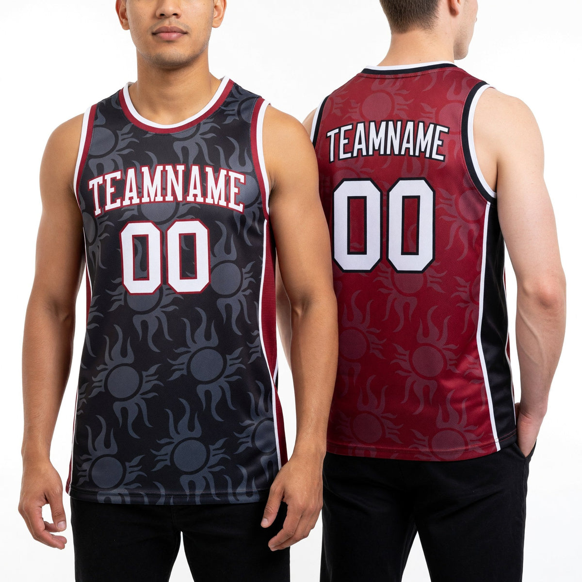 Custom Black White-Maroon Side Panel Stripe Sun Flame Reversible Double Side Sublimation Basketball Set Jersey worn front and back