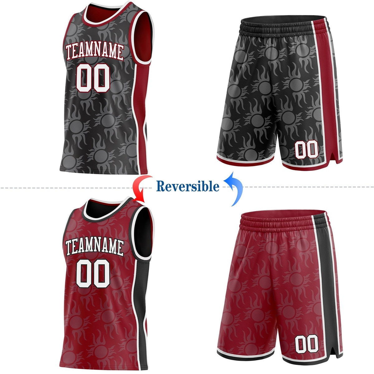 Custom Black White-Maroon Side Panel Stripe Sun Flame Reversible Double Side Sublimation Basketball Set Jersey photo 2