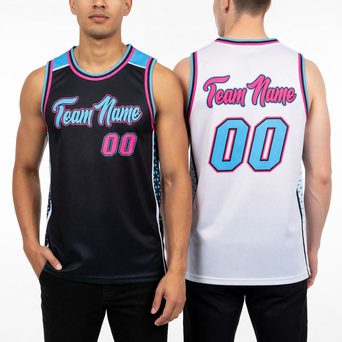 Custom Black Pink Sky Blue-White Side Panel Stripe Geometric Triangle Gradient Dot Reversible Double Side Sublimation Basketball Set Jersey worn front and back