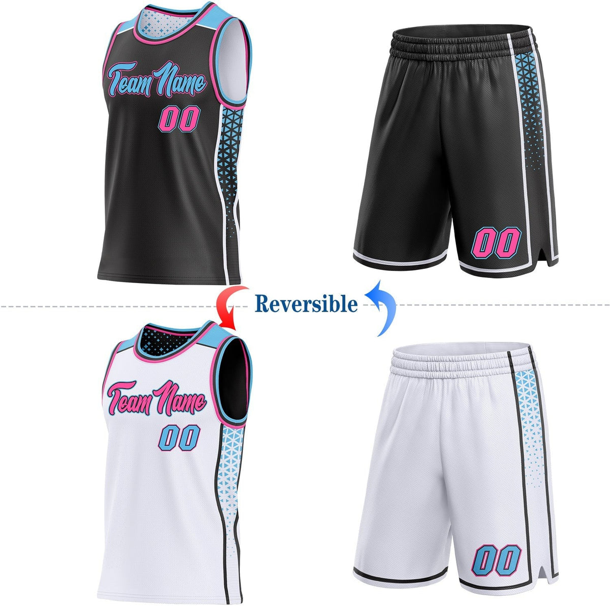 Custom Black Pink Sky Blue-White Side Panel Stripe Geometric Triangle Gradient Dot Reversible Double Side Sublimation Basketball Set Jersey photo 2