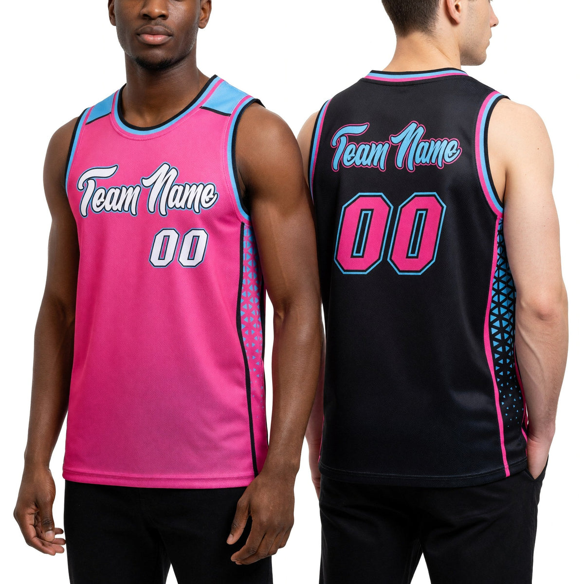 Custom Black Pink-Sky Blue Side Panel Stripe Geometric Triangle Gradient Dot Reversible Double Side Sublimation Basketball Set Jersey worn front and back