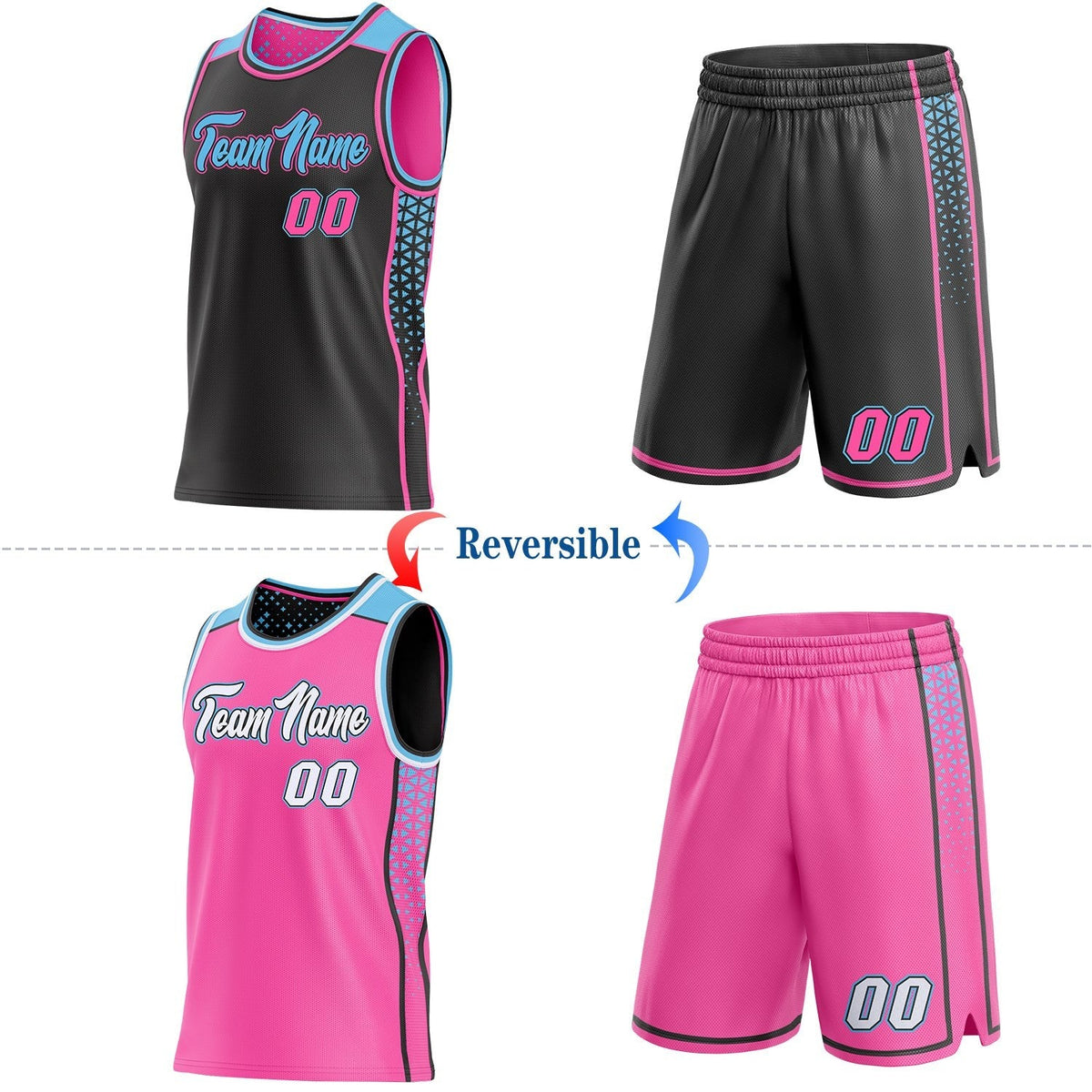 Custom Black Pink-Sky Blue Side Panel Stripe Geometric Triangle Gradient Dot Reversible Double Side Sublimation Basketball Set Jersey photo 2