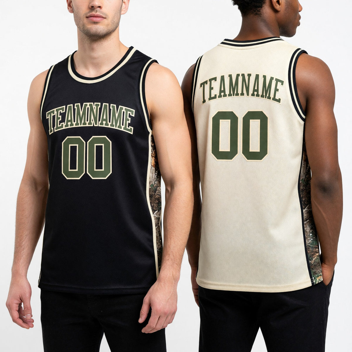 Custom Black Olive-Cream Woodland Camo Side Panel Stripe Reversible Double Side Sublimation Basketball Set Jersey worn front and back