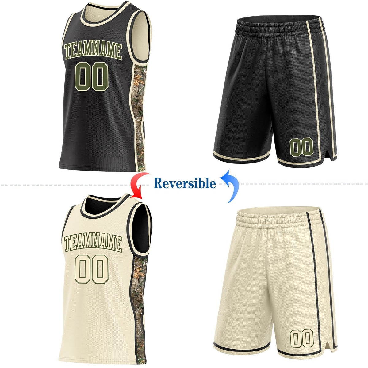 Custom Black Olive-Cream Woodland Camo Side Panel Stripe Reversible Double Side Sublimation Basketball Set Jersey photo 2