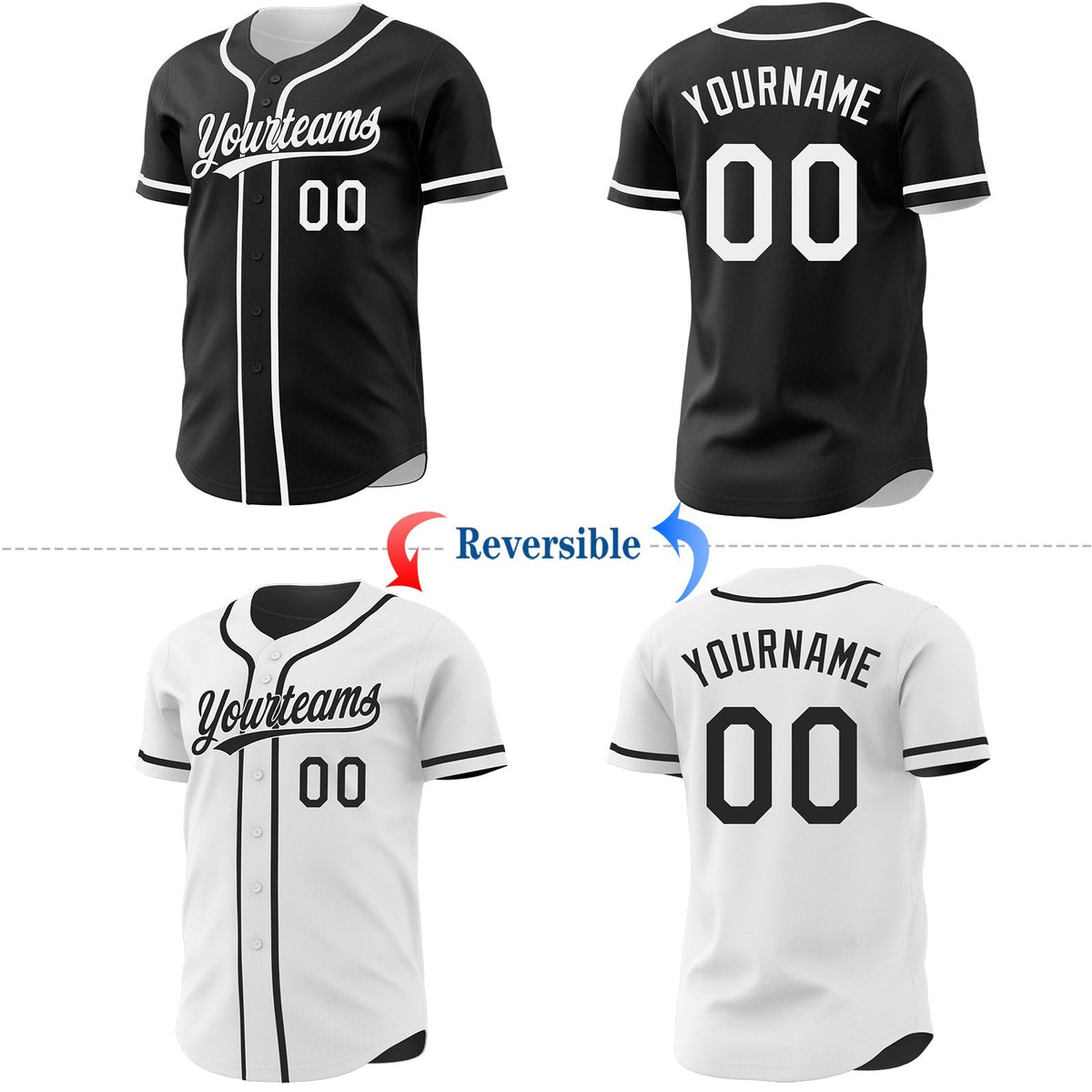 Custom Black-White Reversible Button-Down Baseball Jersey photo 2