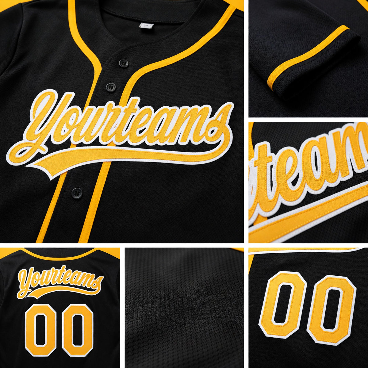 Custom Black Gold-White Reversible Button-Down Baseball Jersey detail