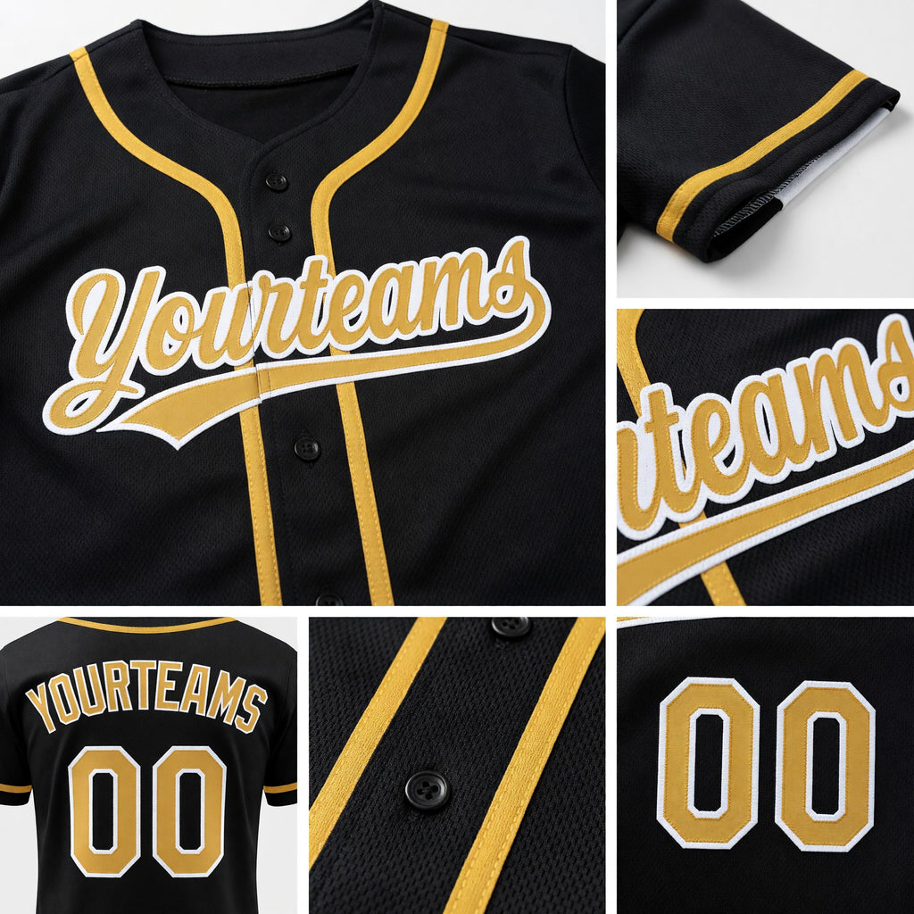 Custom Black Old Gold-White Reversible Button-Down Baseball Jersey detail