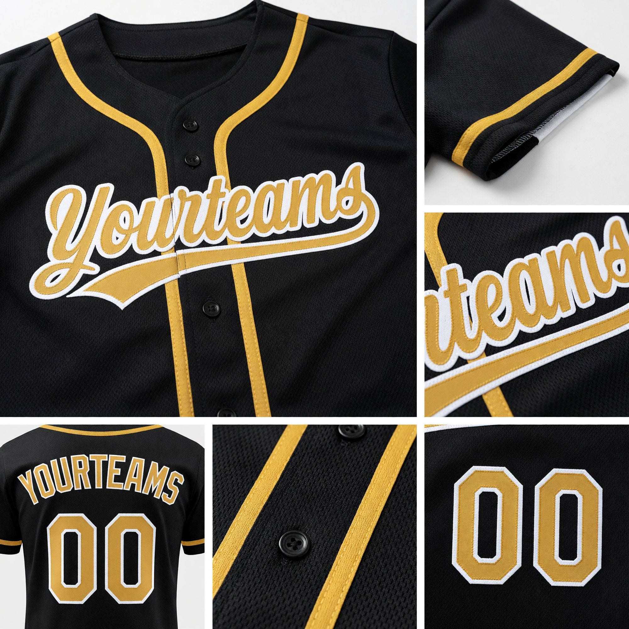 Custom Black Old Gold-White Reversible Button-Down Baseball Jersey detail
