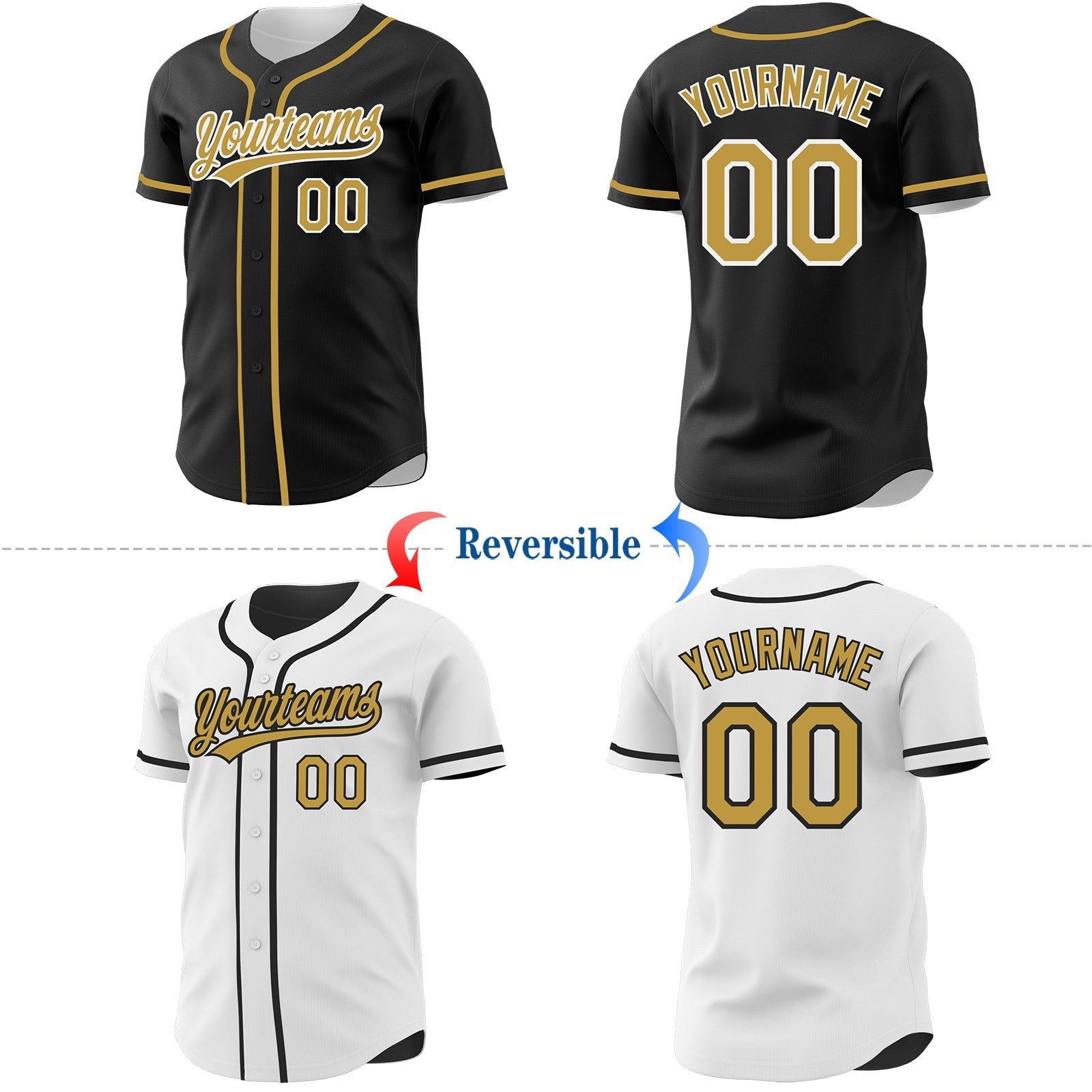 Custom Black Old Gold-White Reversible Button-Down Baseball Jersey photo 2