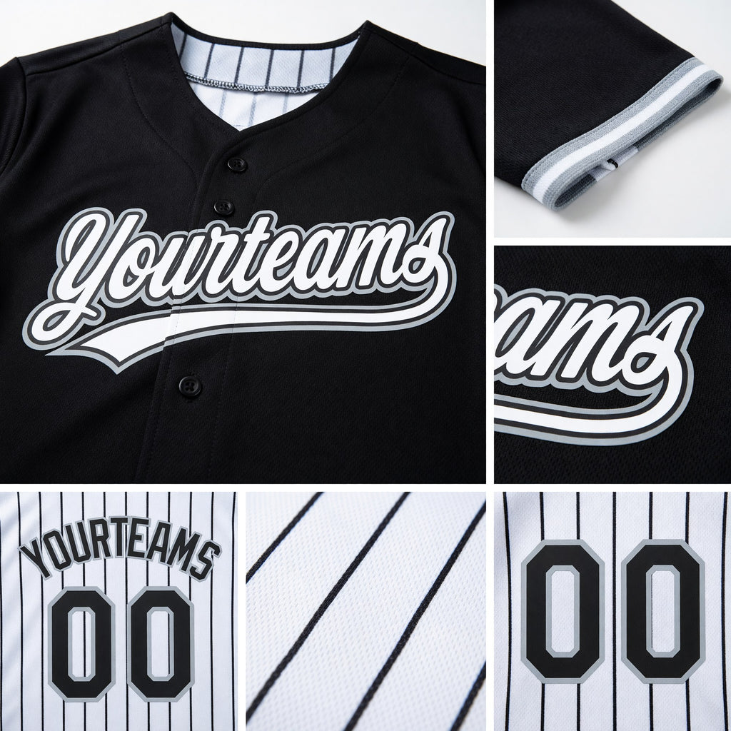 Custom Black White Black Pinstripe Reversible Button-Down Baseball Jersey detail