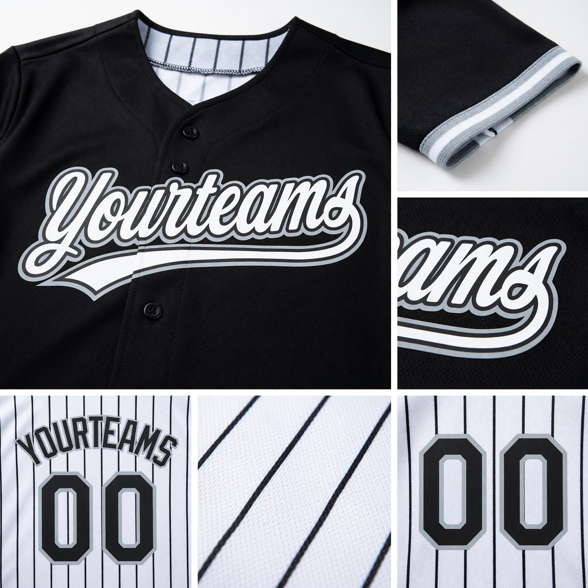 Custom Black White Black Pinstripe Reversible Button-Down Baseball Jersey detail