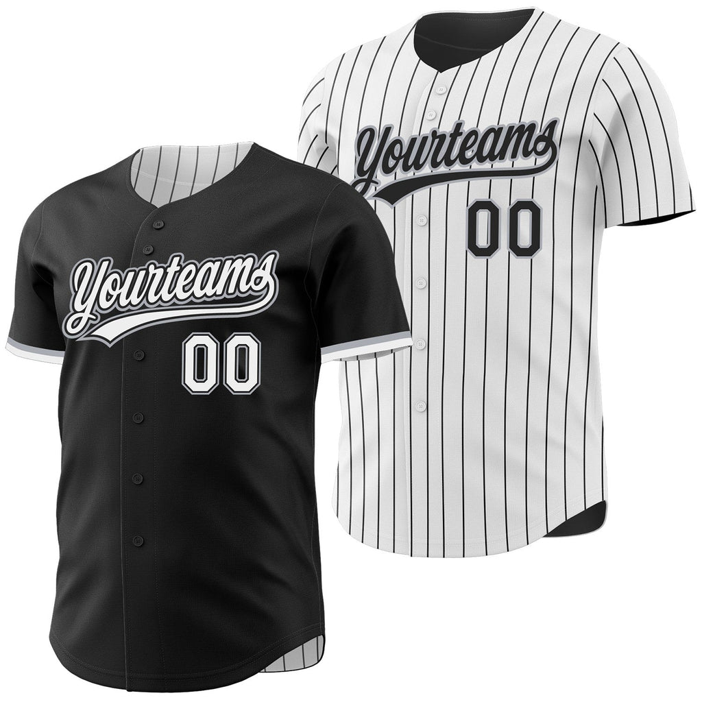 Custom Black White Black Pinstripe Reversible Button-Down Baseball Jersey photo 1