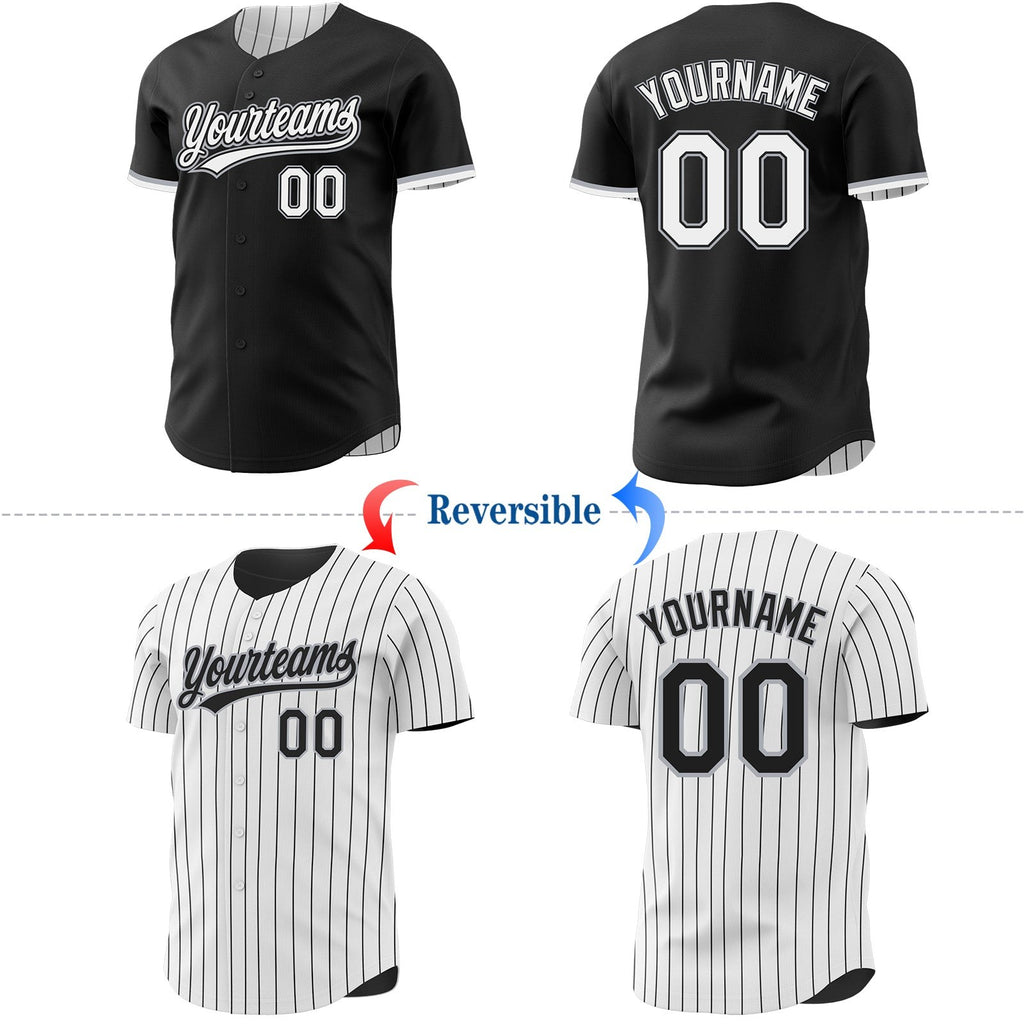 Custom Black White Black Pinstripe Reversible Button-Down Baseball Jersey photo 2