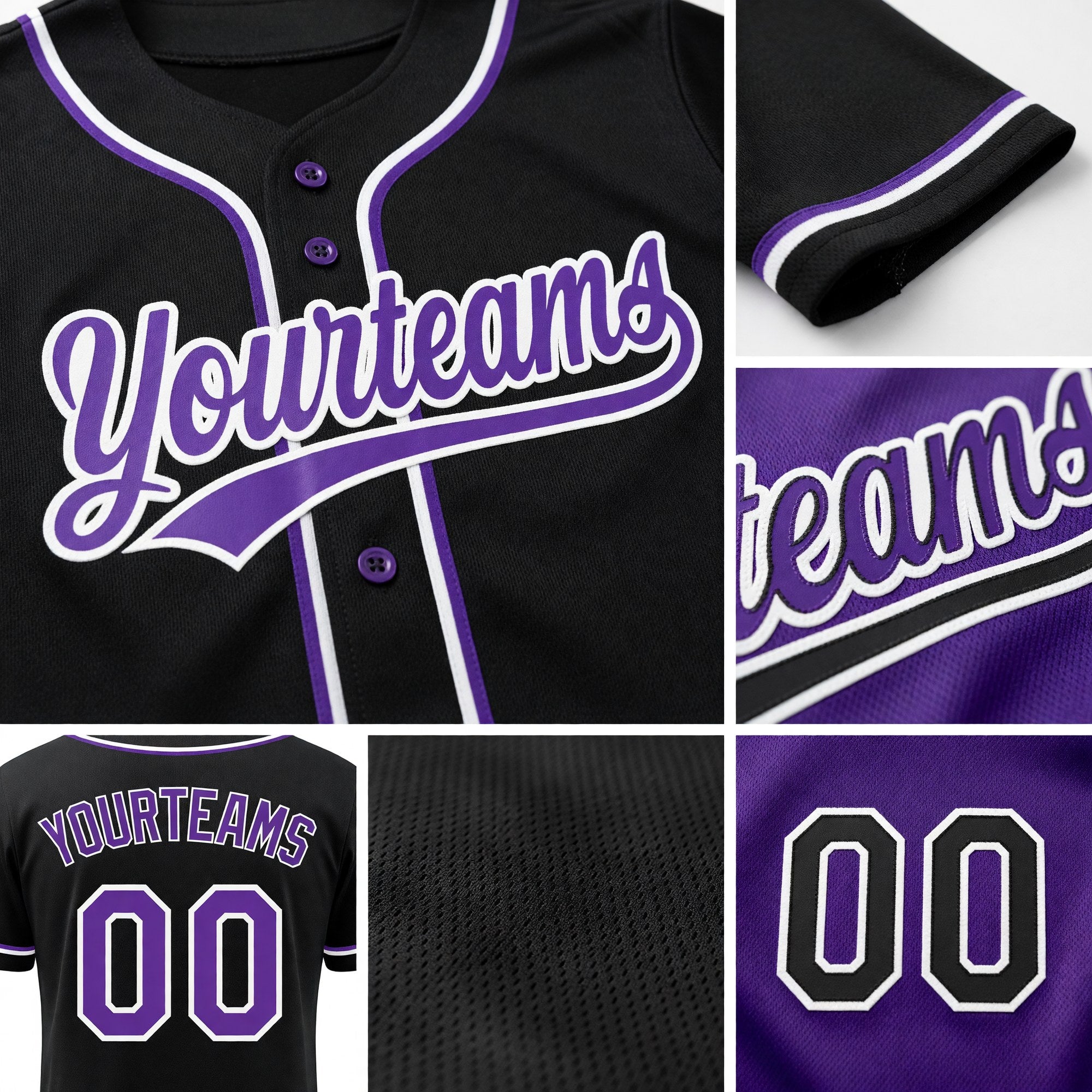 Custom Black Purple-White Reversible Button-Down Baseball Jersey detail