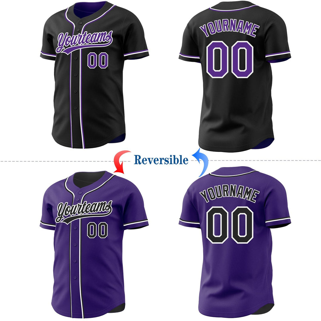 Custom Black Purple-White Reversible Button-Down Baseball Jersey photo 2