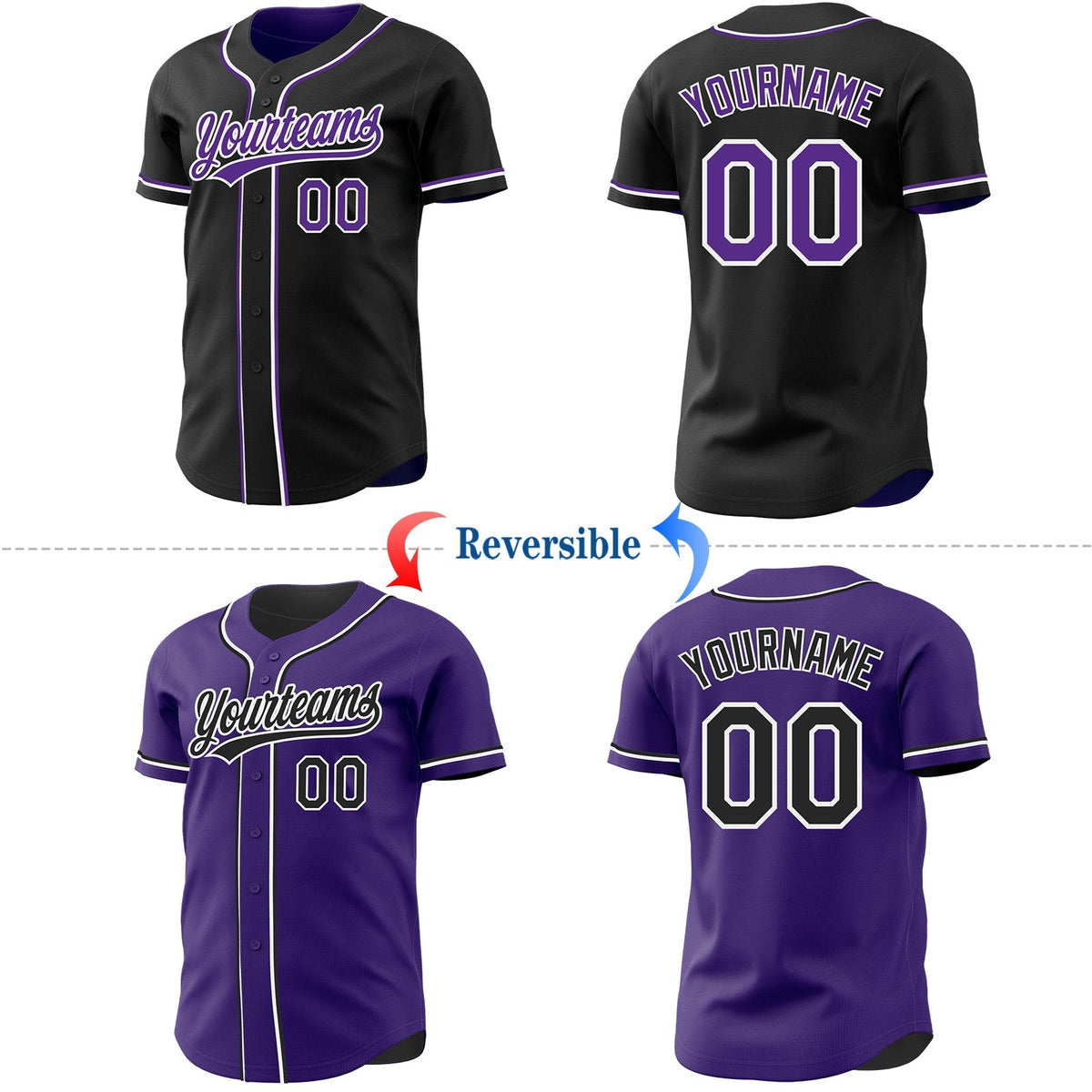 Custom Black Purple-White Reversible Button-Down Baseball Jersey photo 2