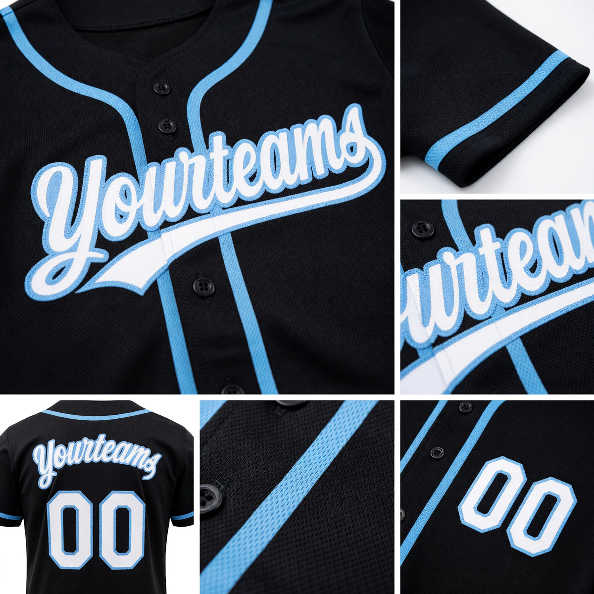 Custom Black White-Light Blue Reversible Button-Down Baseball Jersey detail