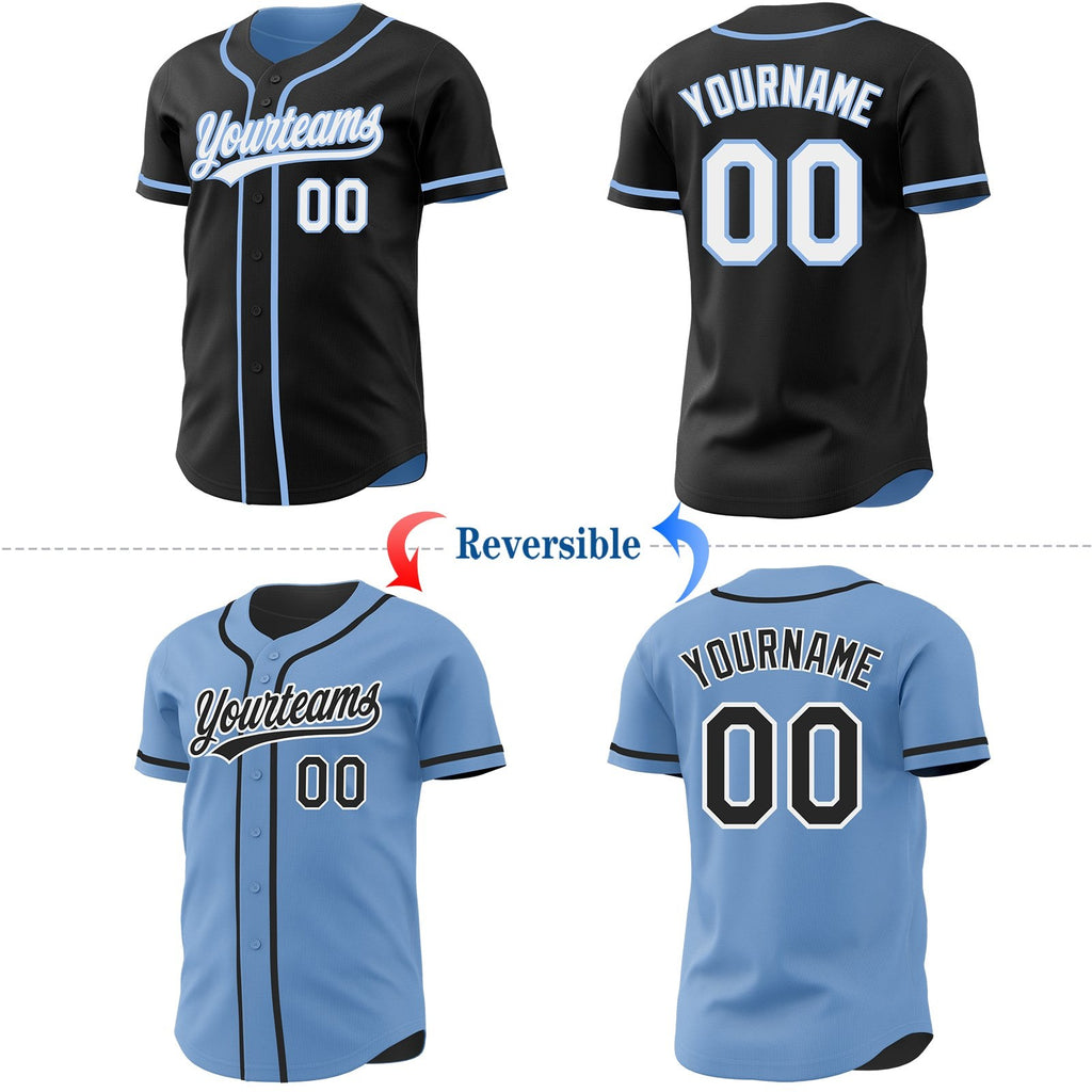 Custom Black White-Light Blue Reversible Button-Down Baseball Jersey photo 2