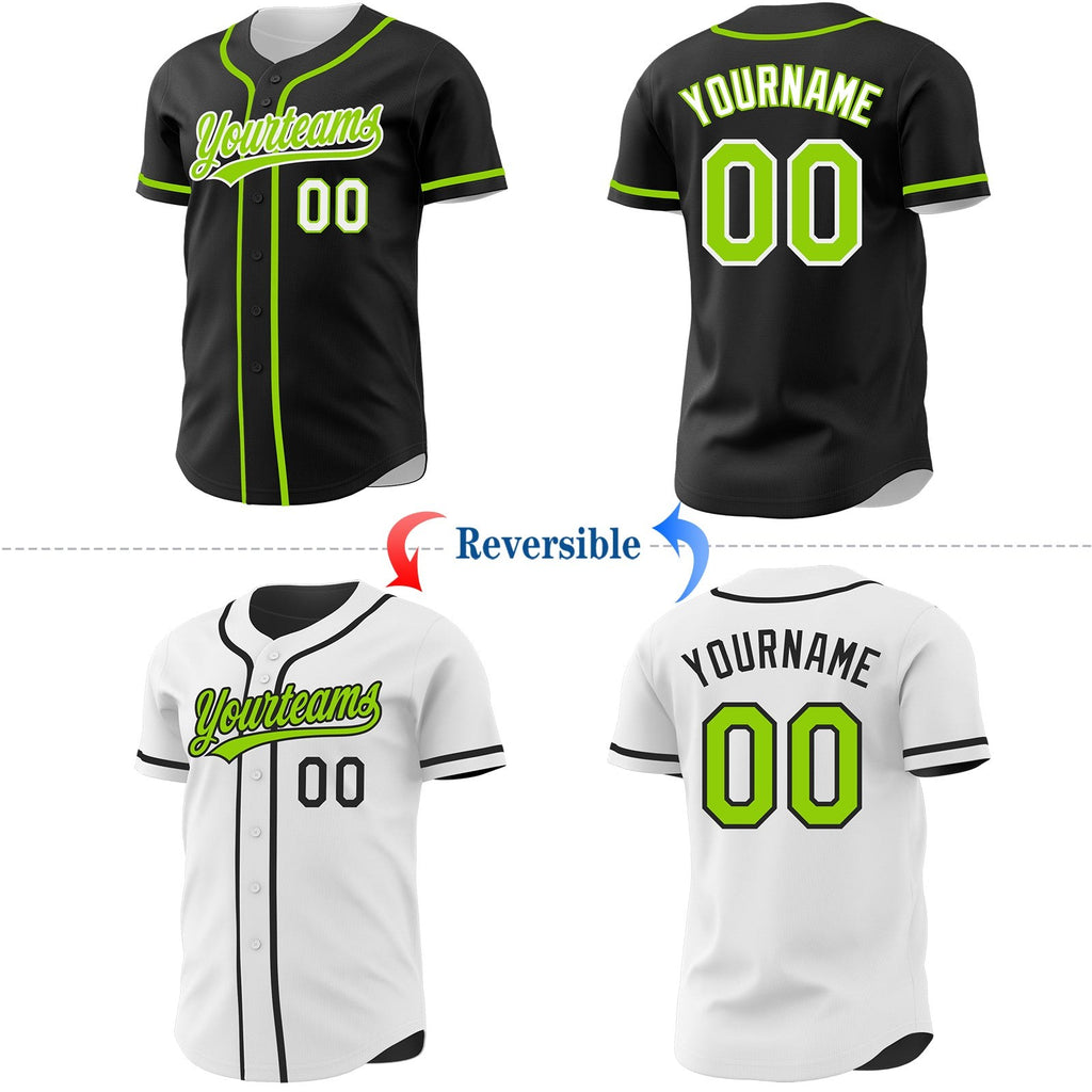 Custom Black Neon Green-White Reversible Button-Down Baseball Jersey photo 2