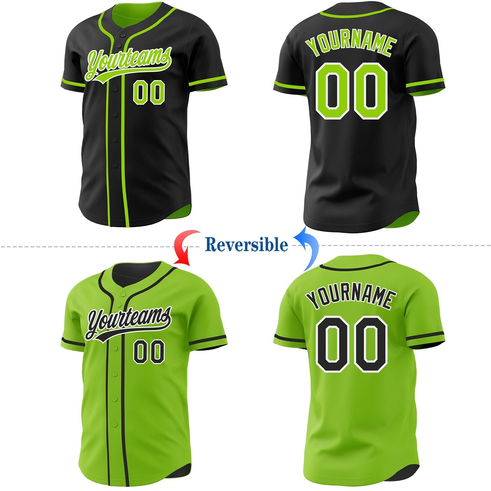Custom Black Neon Green-White Reversible Button-Down Baseball Jersey photo 2