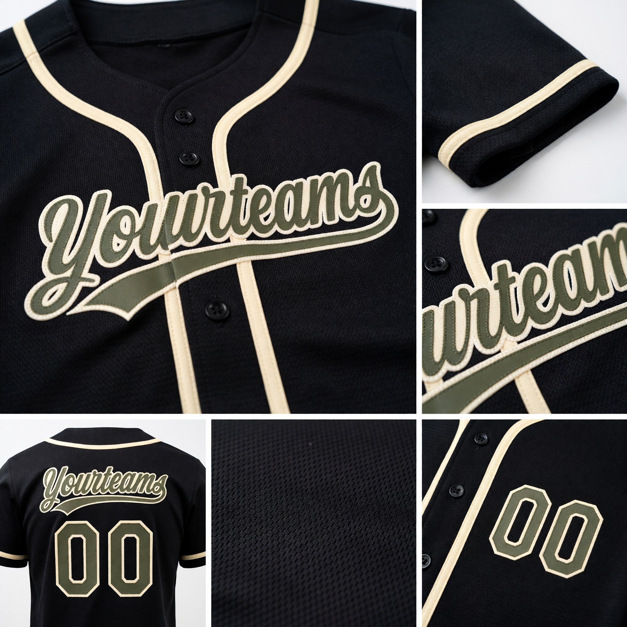 Custom Black Olive-Cream Reversible Button-Down Baseball Jersey detail