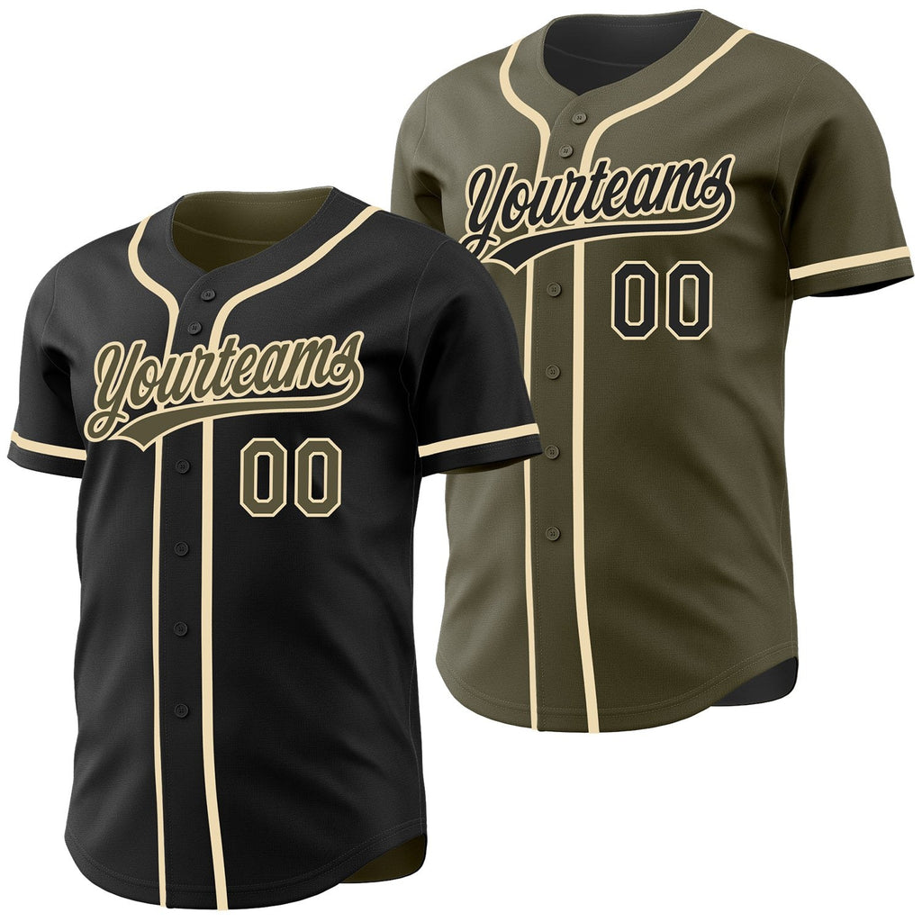 Custom Black Olive-Cream Reversible Button-Down Baseball Jersey photo 1