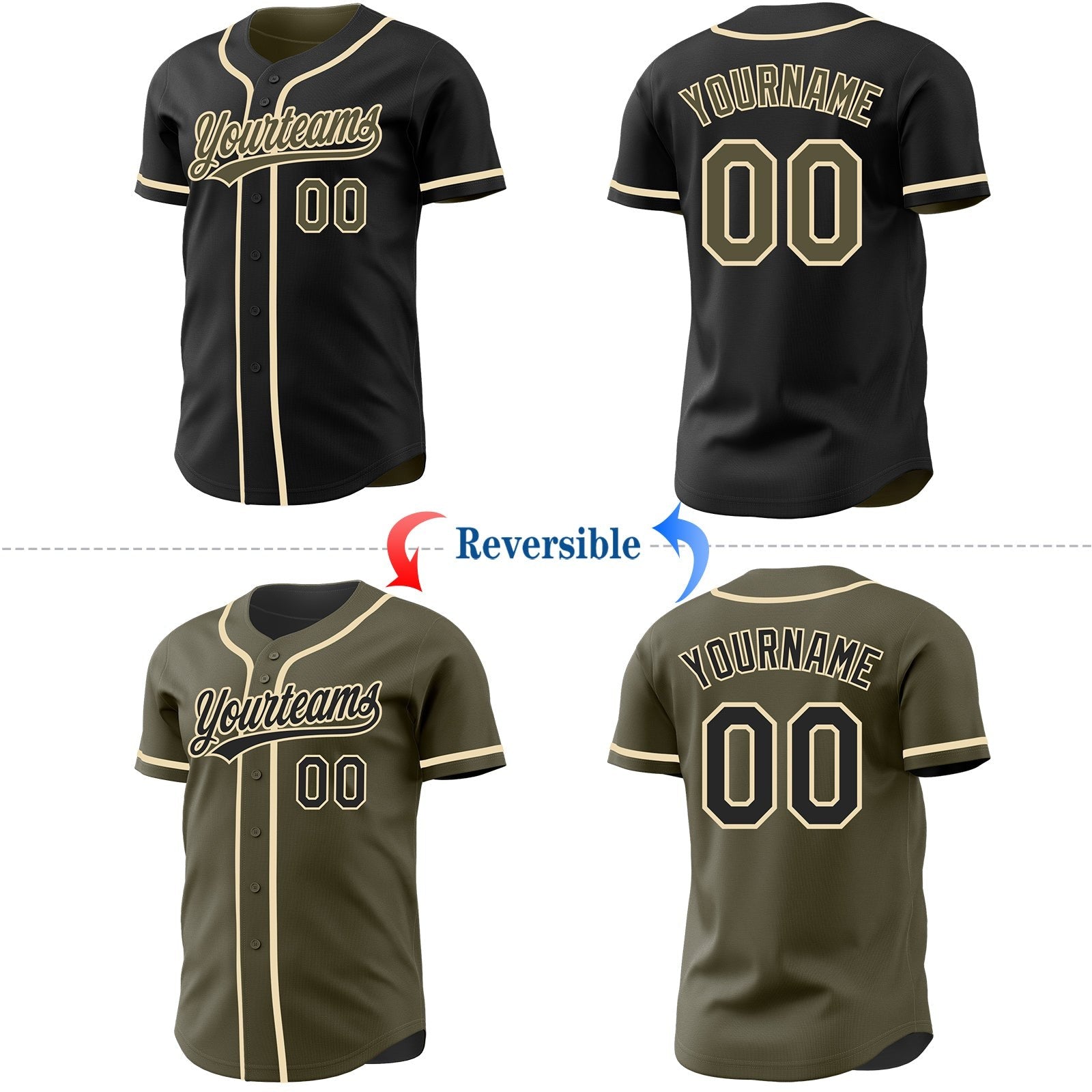 Custom Black Olive-Cream Reversible Button-Down Baseball Jersey photo 2