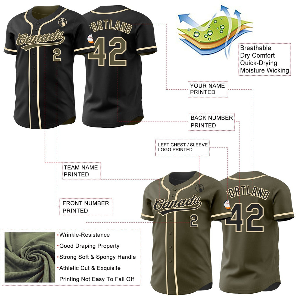Custom Black Olive-Cream Reversible Button-Down Baseball Jersey photo 3