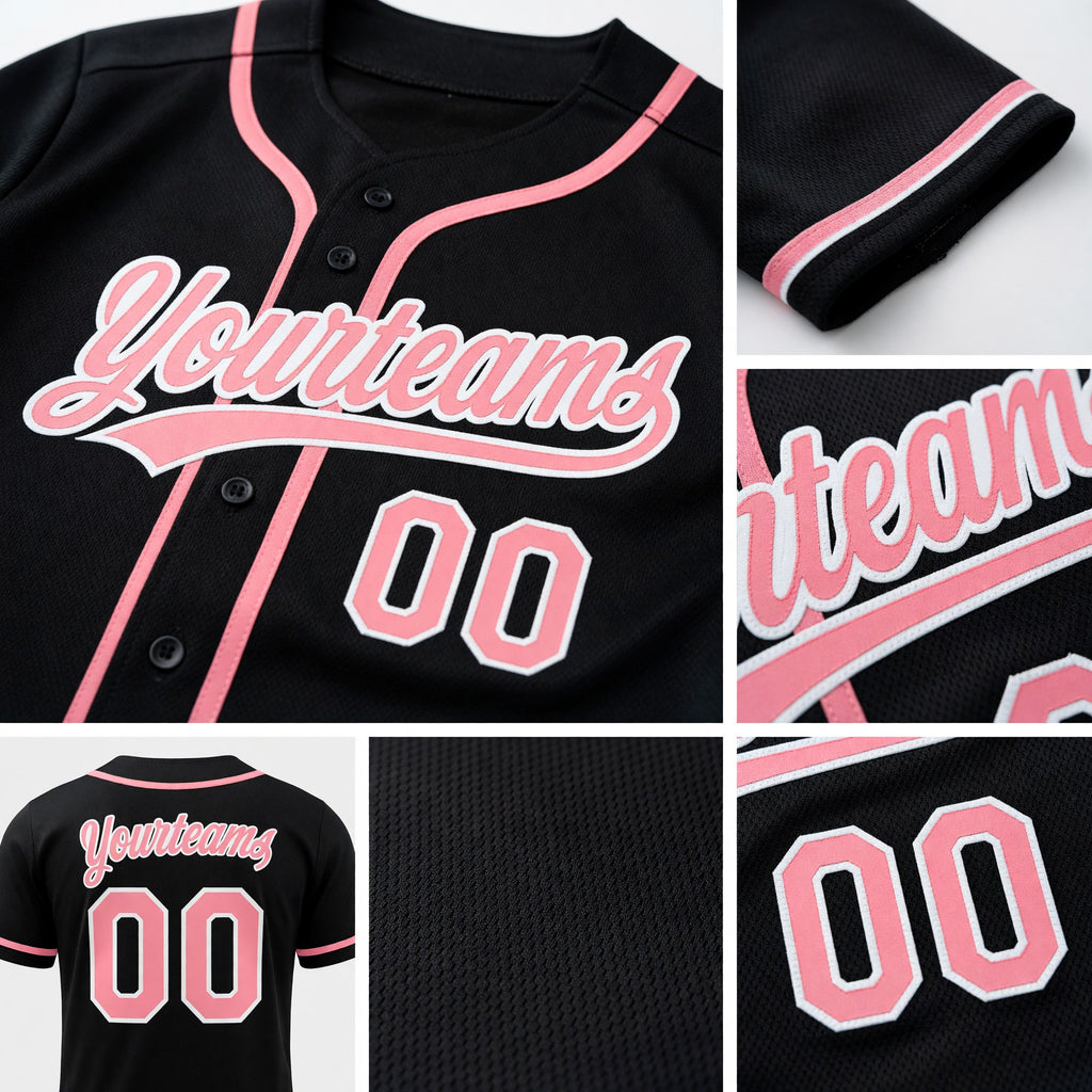 Custom Black Medium Pink-White Reversible Button-Down Baseball Jersey detail