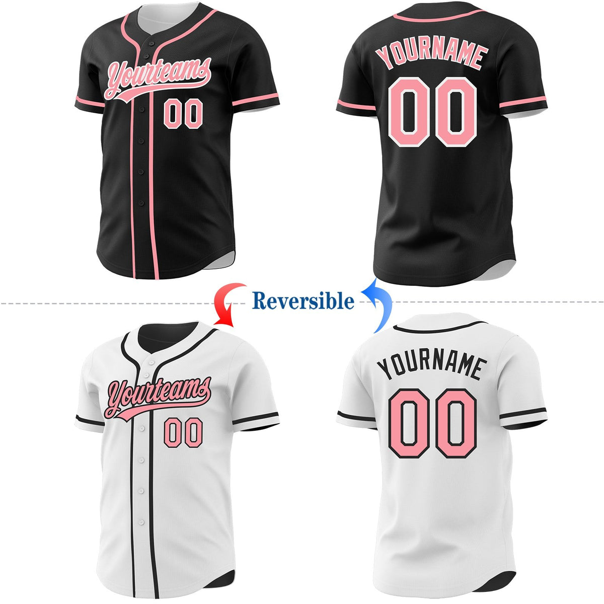 Custom Black Medium Pink-White Reversible Button-Down Baseball Jersey photo 2
