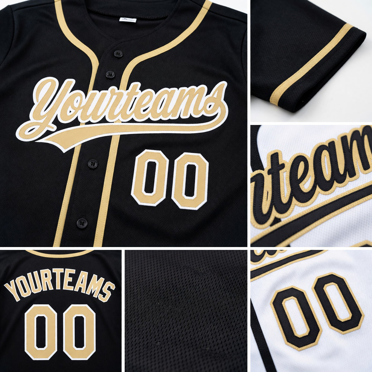 Custom Black Vegas Gold-White Reversible Button-Down Baseball Jersey detail