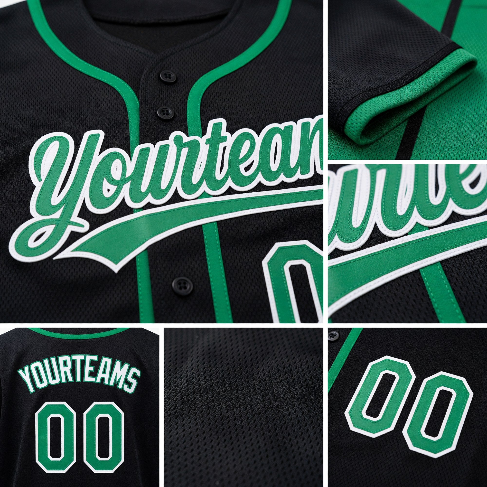 Custom Black Grass Green-White Reversible Button-Down Baseball Jersey detail