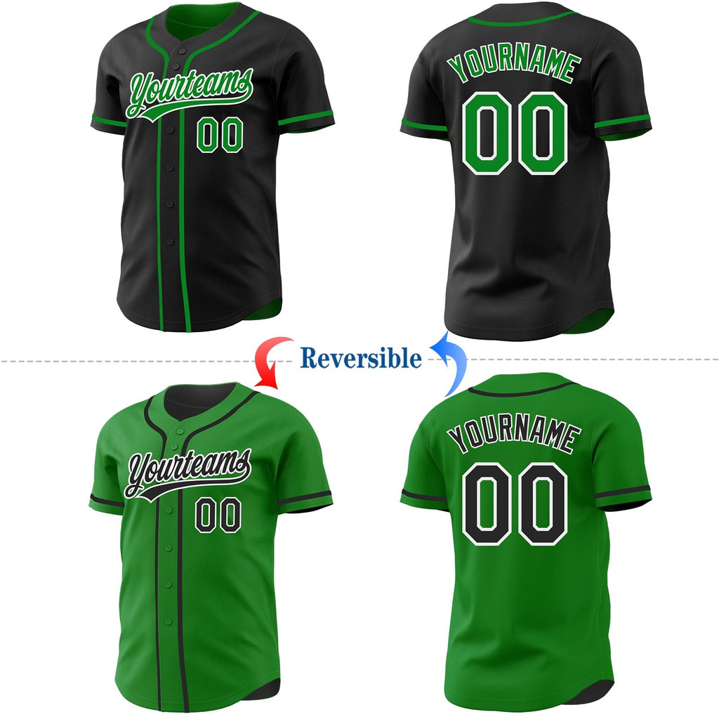 Custom Black Grass Green-White Reversible Button-Down Baseball Jersey photo 2