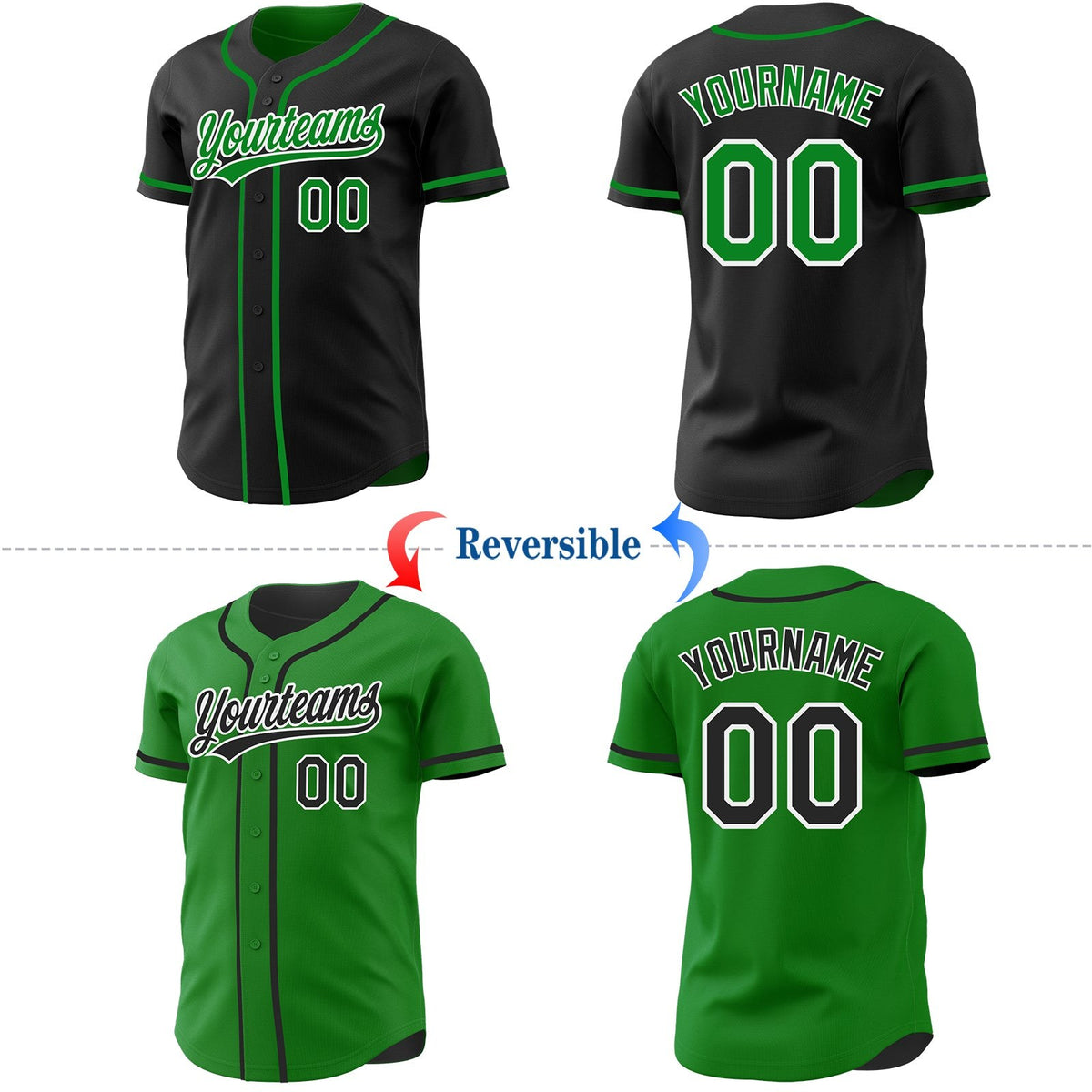 Custom Black Grass Green-White Reversible Button-Down Baseball Jersey photo 2