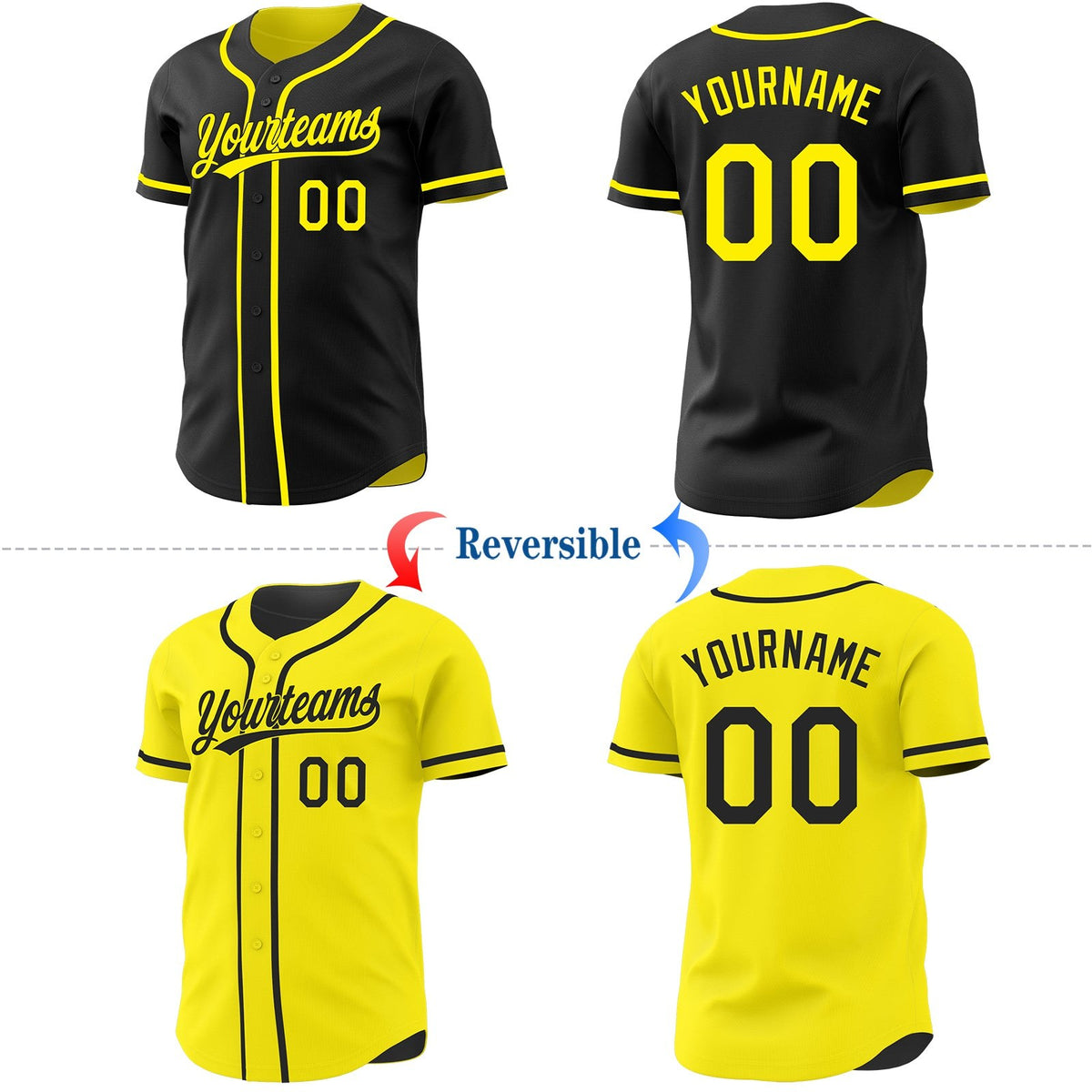Custom Black-Light Yellow Reversible Button-Down Baseball Jersey photo 2