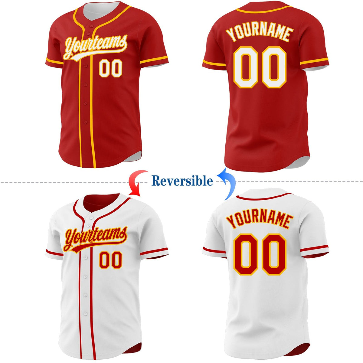 Custom Red White-Gold Reversible Button-Down Baseball Jersey photo 2