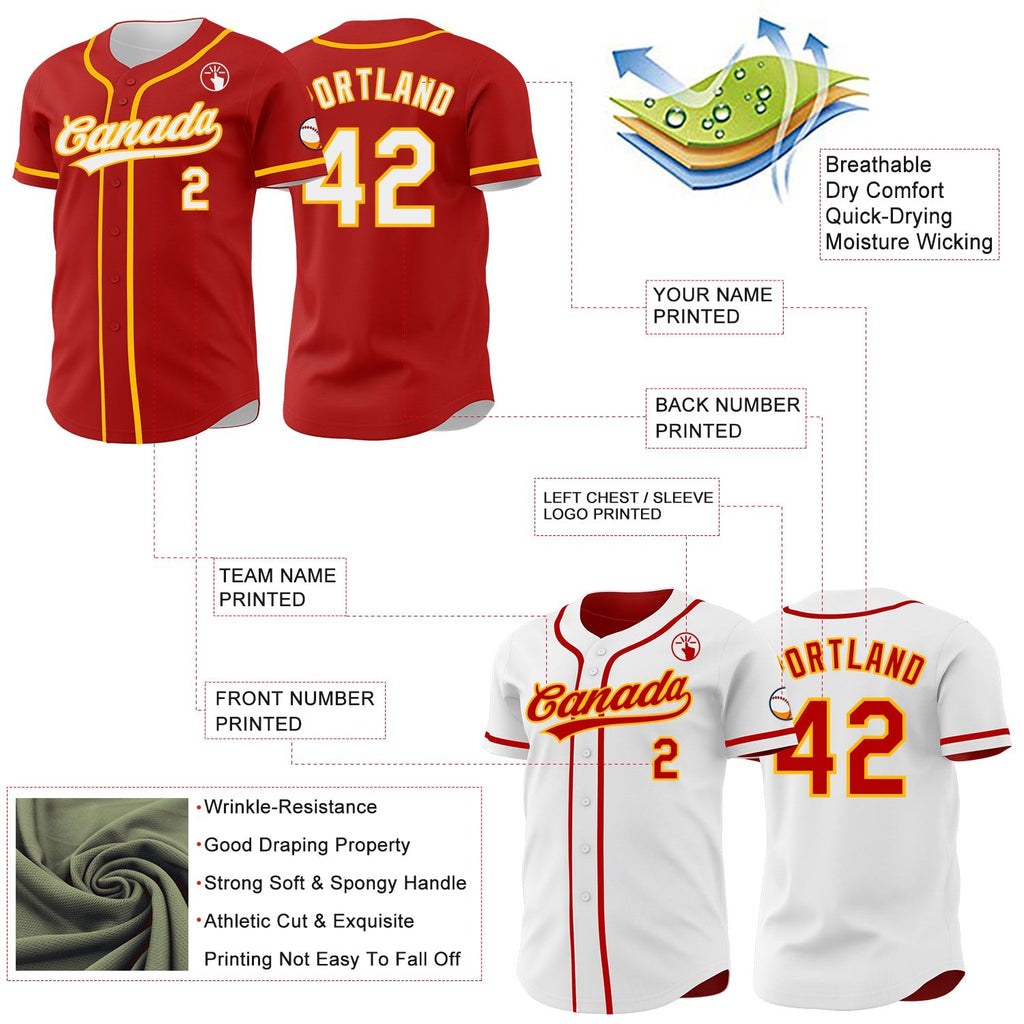 Custom Red White-Gold Reversible Button-Down Baseball Jersey photo 3