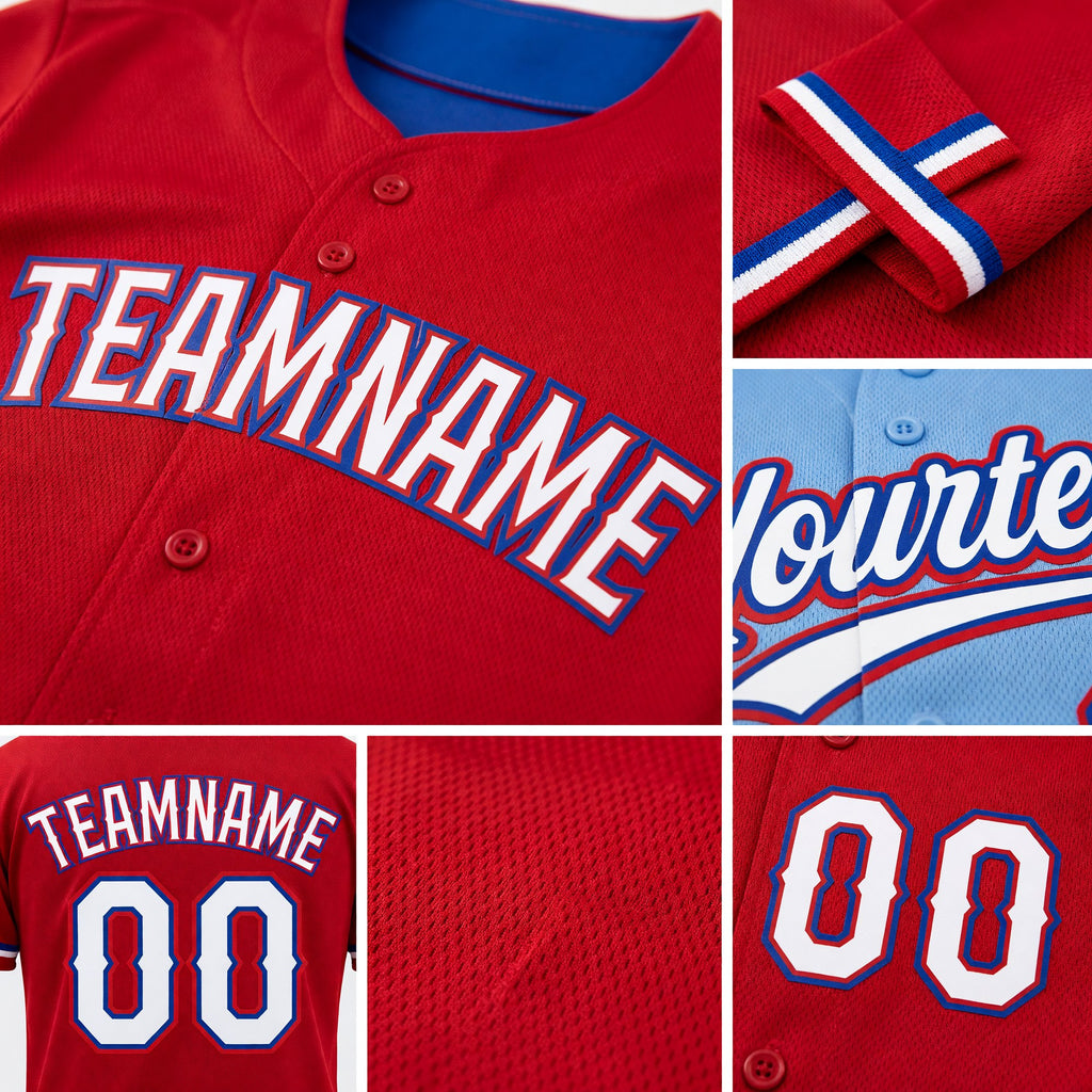 Custom Red Light Blue Reversible Button-Down Baseball Jersey detail