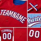 Custom Red Light Blue Reversible Button-Down Baseball Jersey detail