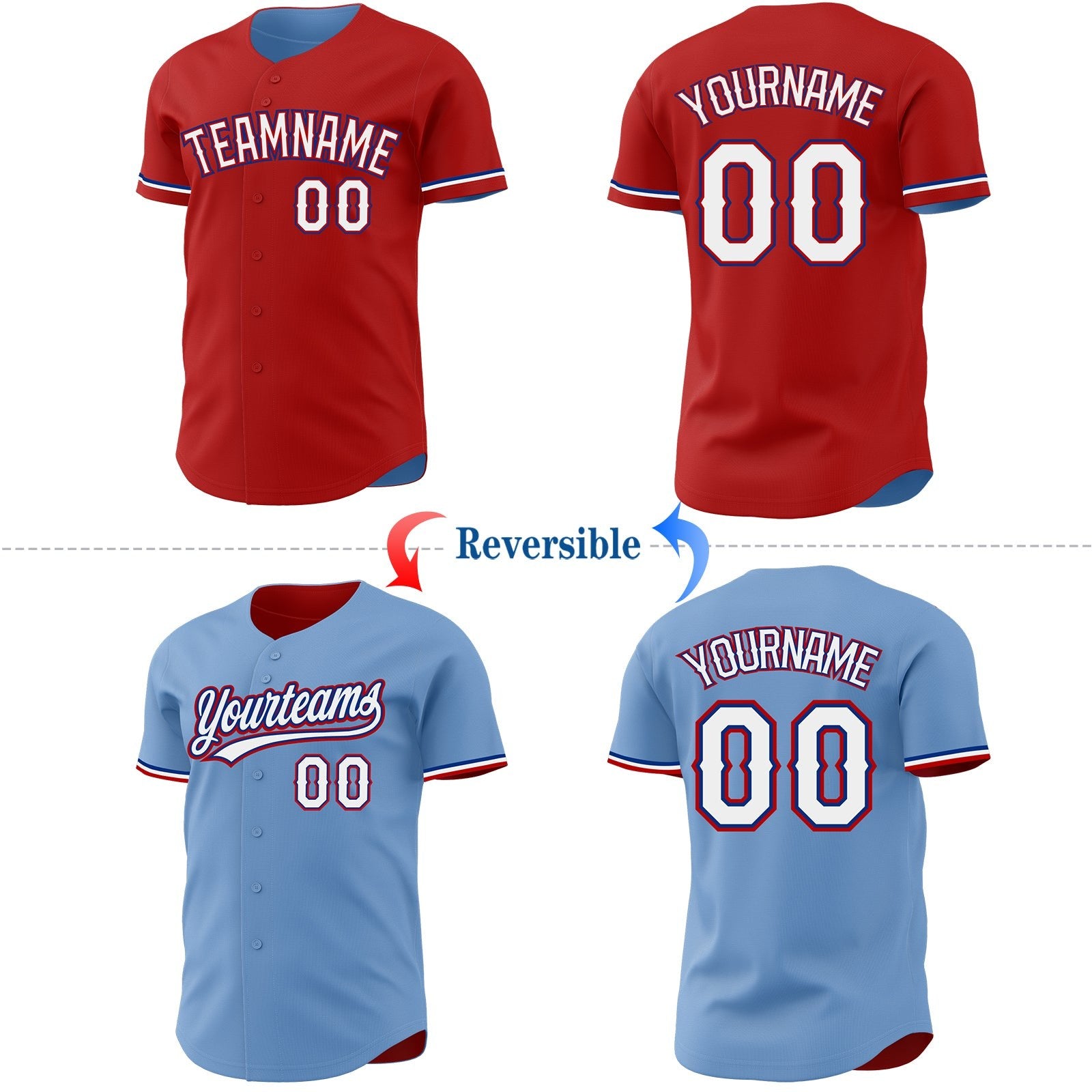 Custom Red Light Blue Reversible Button-Down Baseball Jersey photo 2