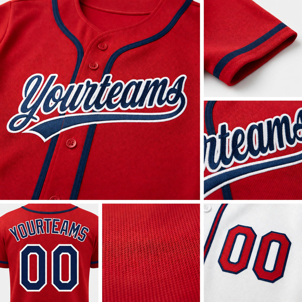 Custom Red Navy-White Reversible Button-Down Baseball Jersey detail