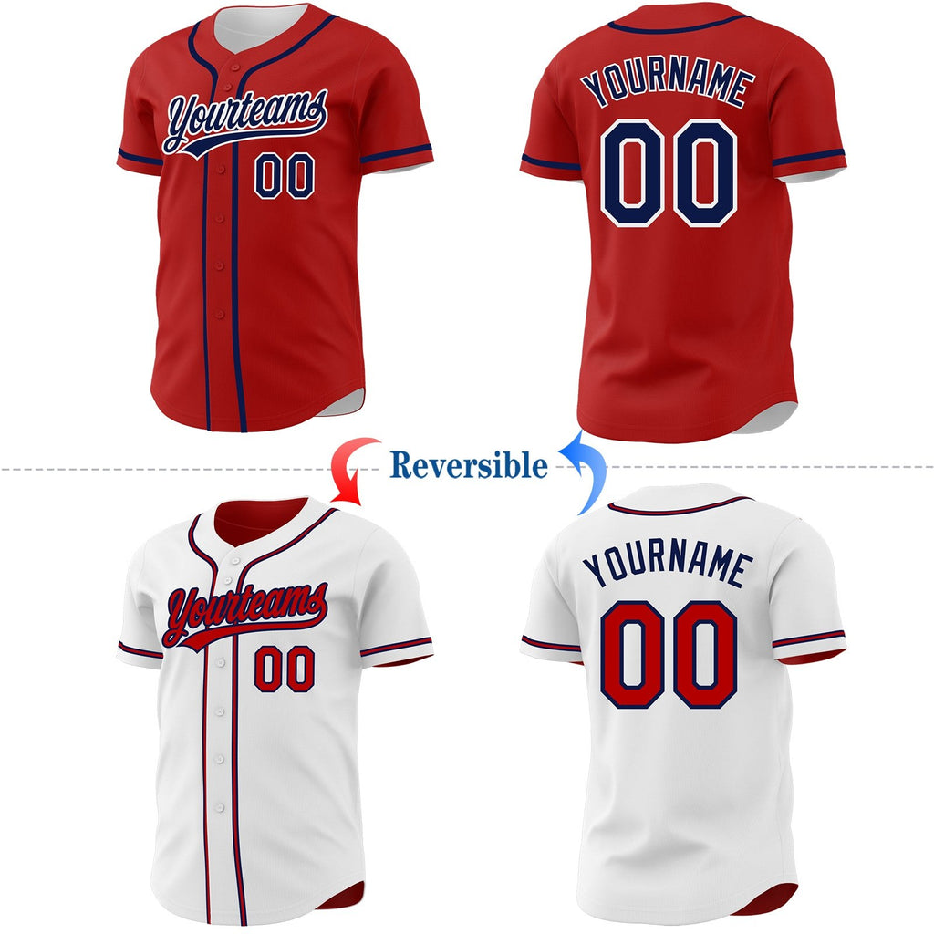 Custom Red Navy-White Reversible Button-Down Baseball Jersey photo 2