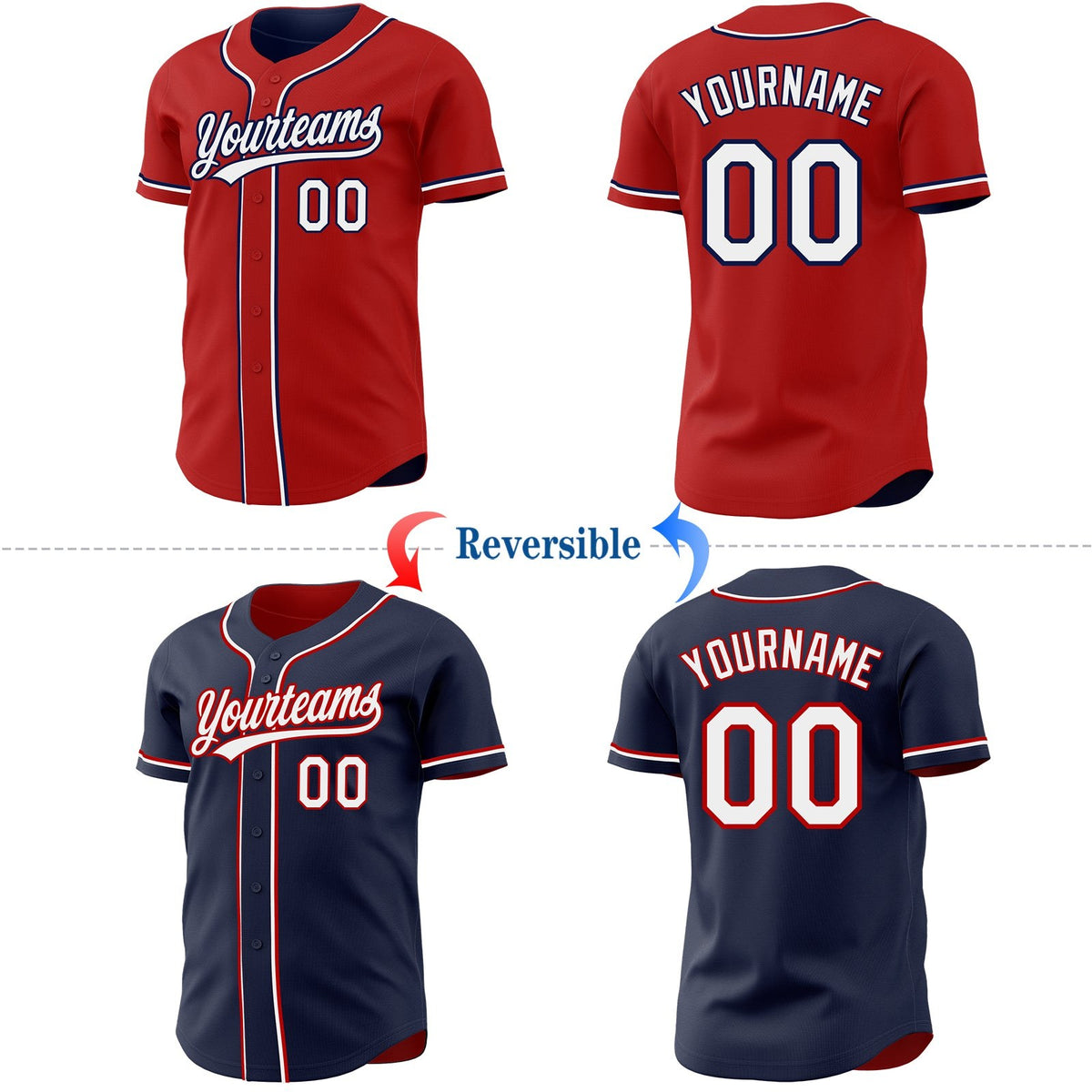 Custom Red White-Navy Reversible Button-Down Baseball Jersey photo 2