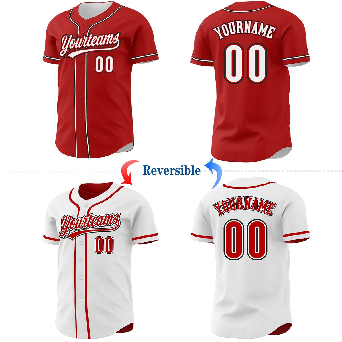 Custom Red White-Black Reversible Button-Down Baseball Jersey photo 2