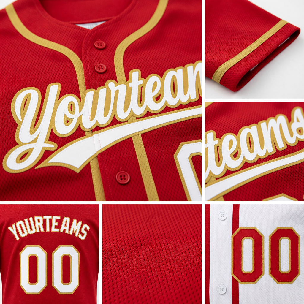 Custom Red White-Old Gold Reversible Button-Down Baseball Jersey detail
