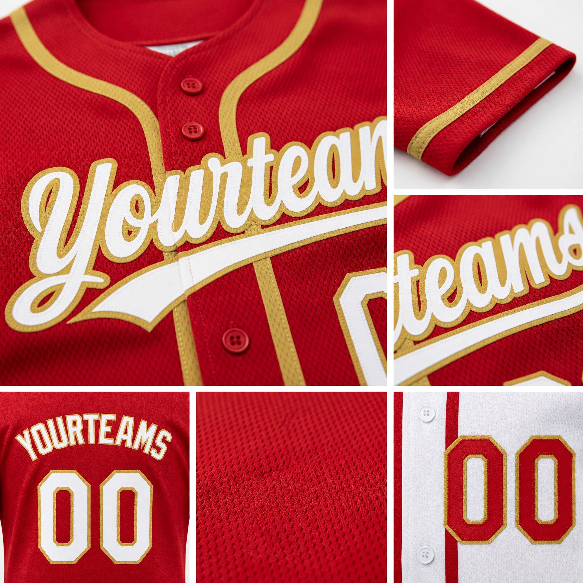 Custom Red White-Old Gold Reversible Button-Down Baseball Jersey detail