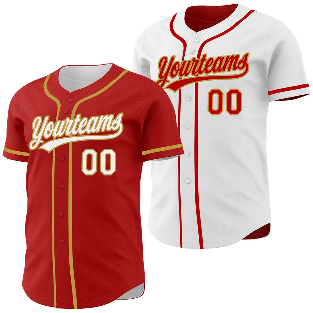 Custom Red White-Old Gold Reversible Button-Down Baseball Jersey photo 1
