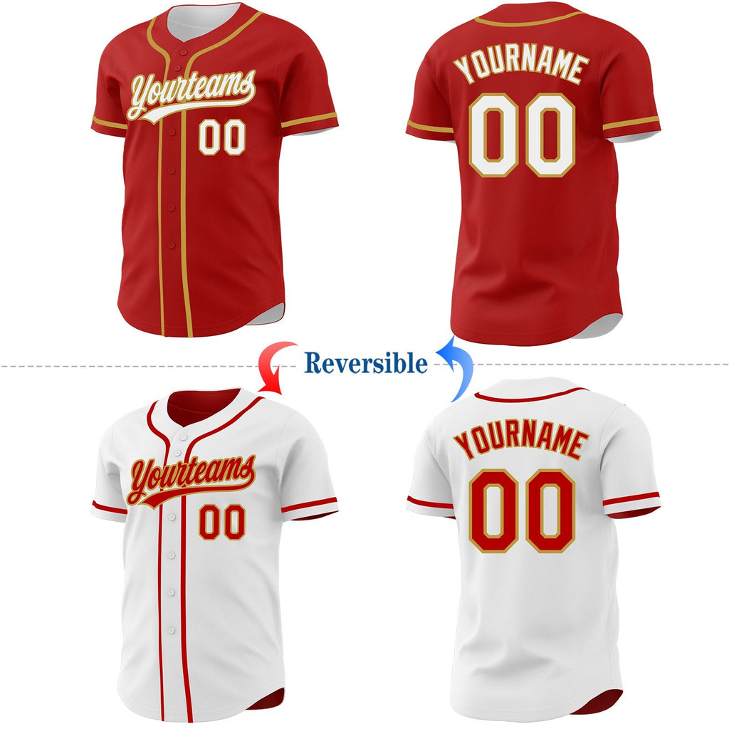 Custom Red White-Old Gold Reversible Button-Down Baseball Jersey photo 2