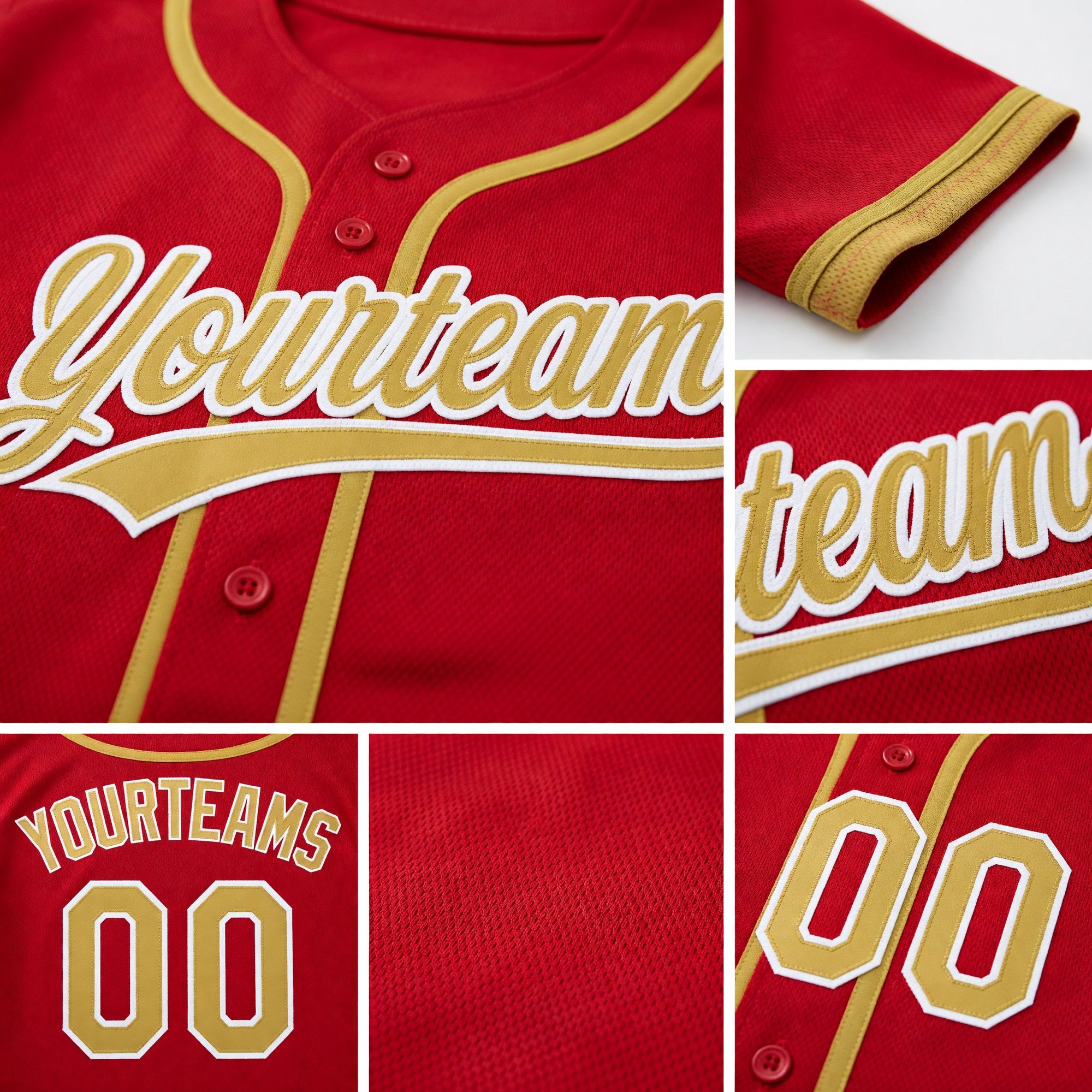 Custom Red Old Gold-White Reversible Button-Down Baseball Jersey detail