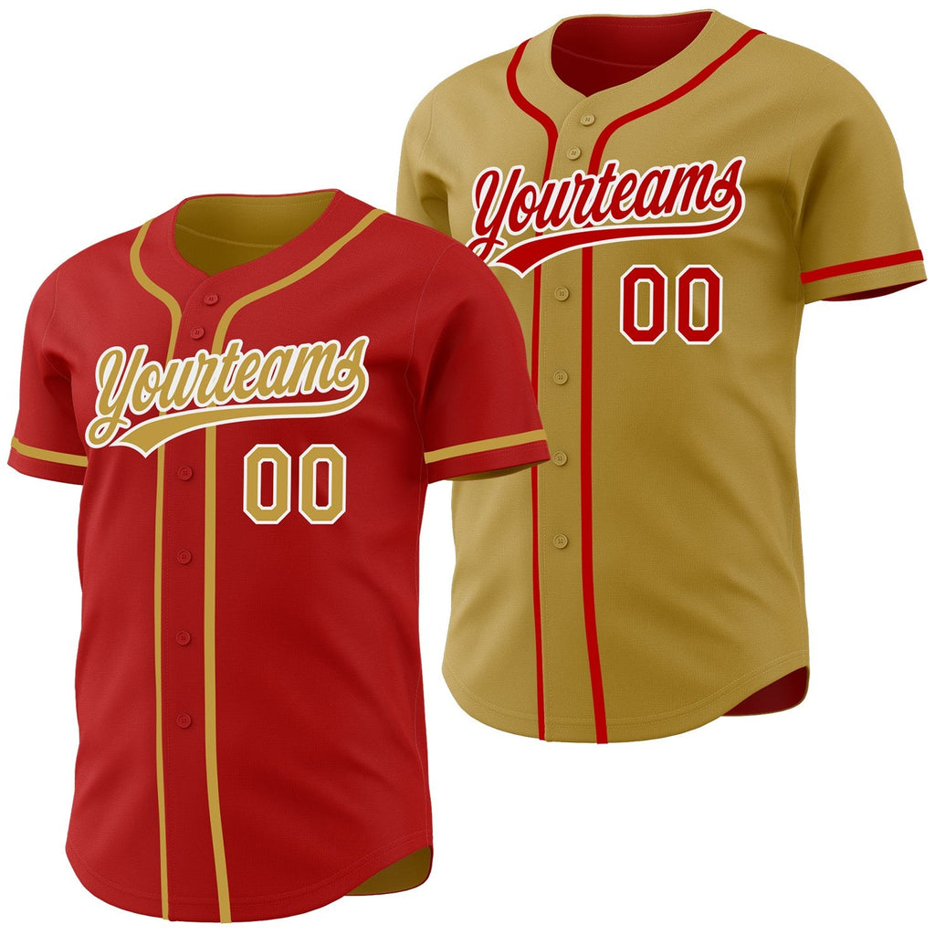 Custom Red Old Gold-White Reversible Button-Down Baseball Jersey photo 1
